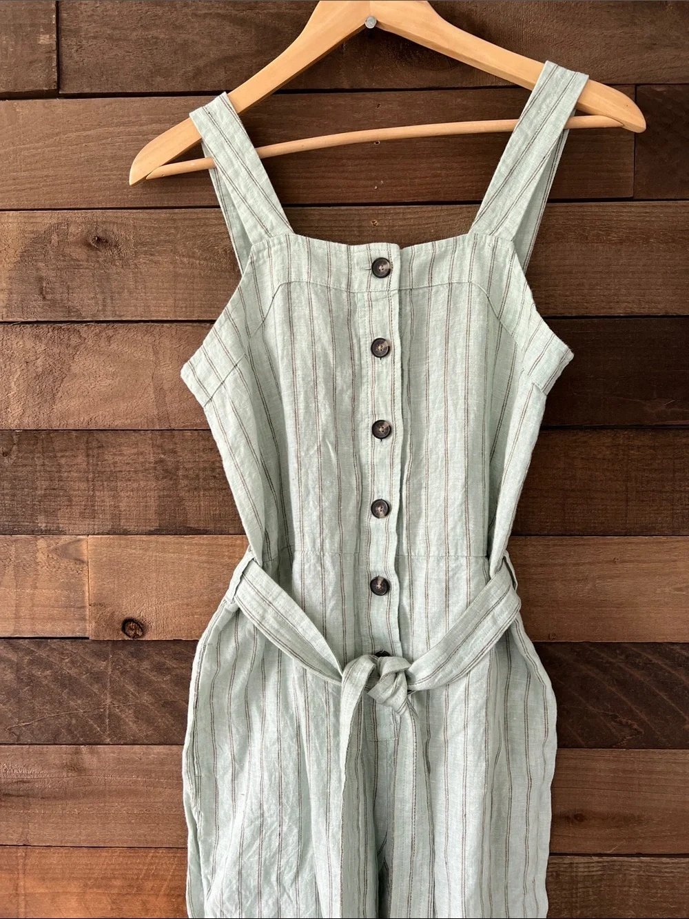 Everlane Women's Linen Picnic Jumpsuit in Seafoam Stripe Size 2